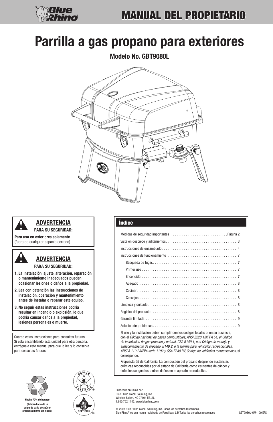 Parrilla a gas propano para exteriores, Manual del propietario, Modelo no. gbt9080l | Advertencia, Índice | Blue Rhino GBT9080L User Manual | Page 19 / 28