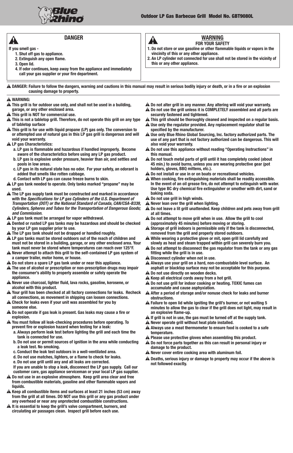 Danger, Warning | Blue Rhino GBT9080L User Manual | Page 2 / 28