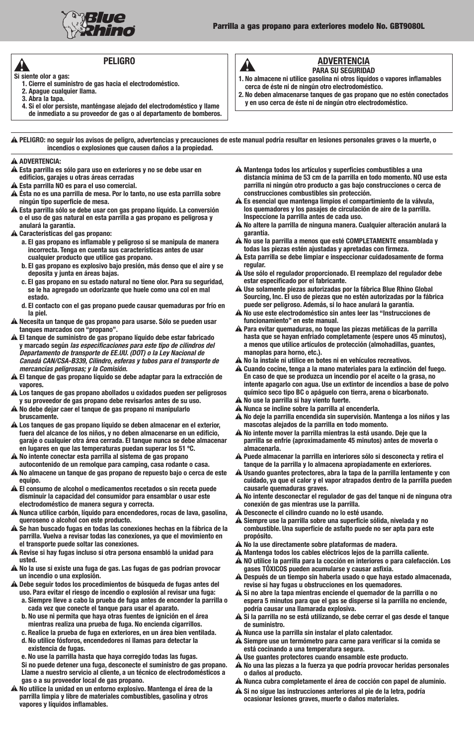 Peligro, Advertencia | Blue Rhino GBT9080L User Manual | Page 20 / 28