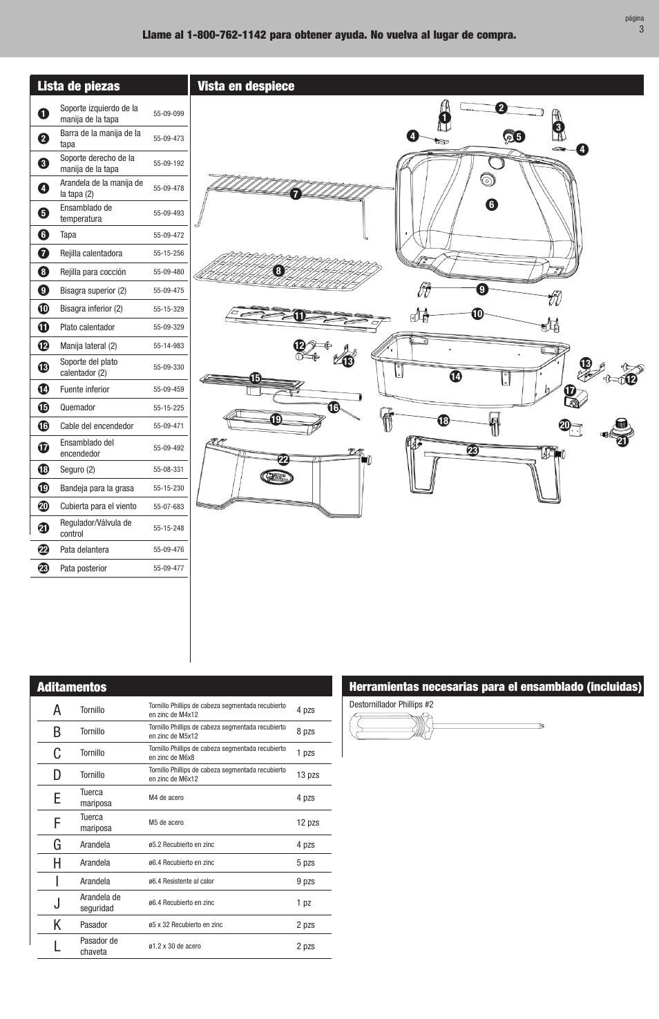 Aditamentos, Lista de piezas, Vista en despiece | Blue Rhino GBT9080L User Manual | Page 21 / 28