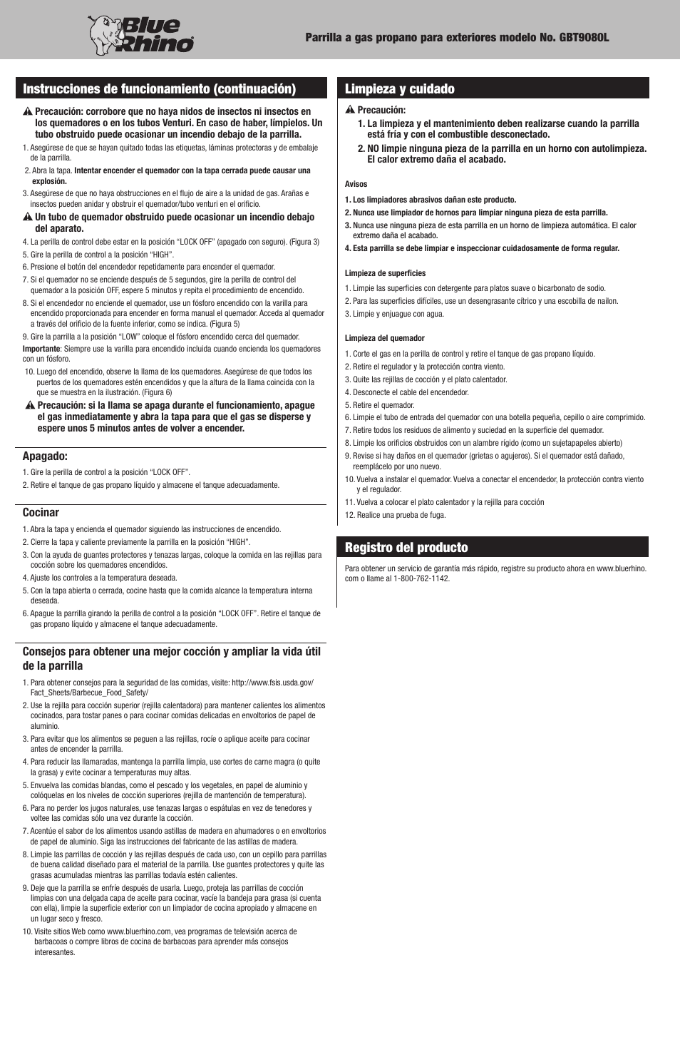 Limpieza y cuidado, Registro del producto, Instrucciones de funcionamiento (continuación) | Blue Rhino GBT9080L User Manual | Page 26 / 28
