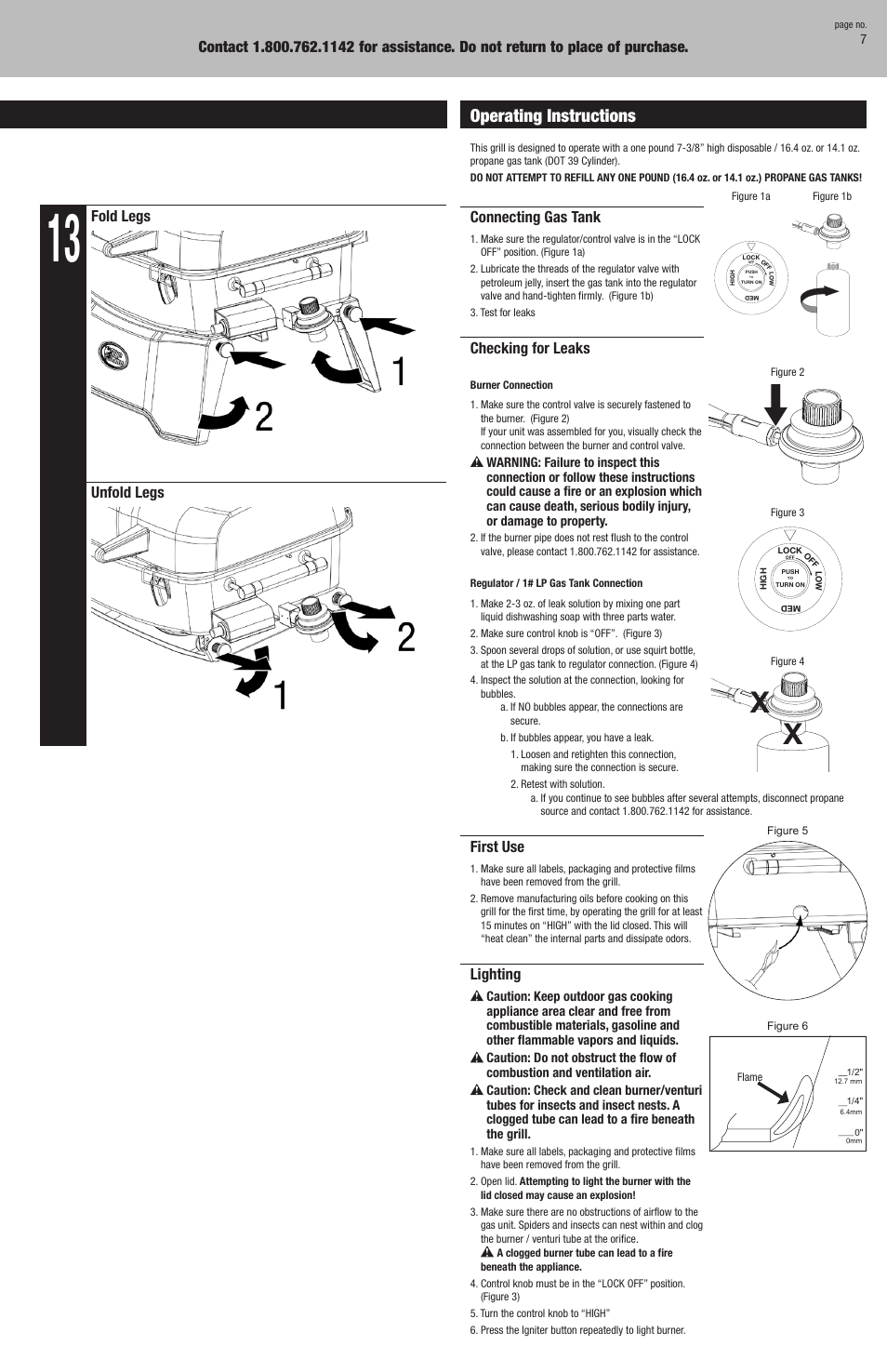 Assembly instructions (continued), Operating instructions, Connecting gas tank | Checking for leaks, First use, Lighting, Fold legs unfold legs | Blue Rhino GBT9080L User Manual | Page 7 / 28