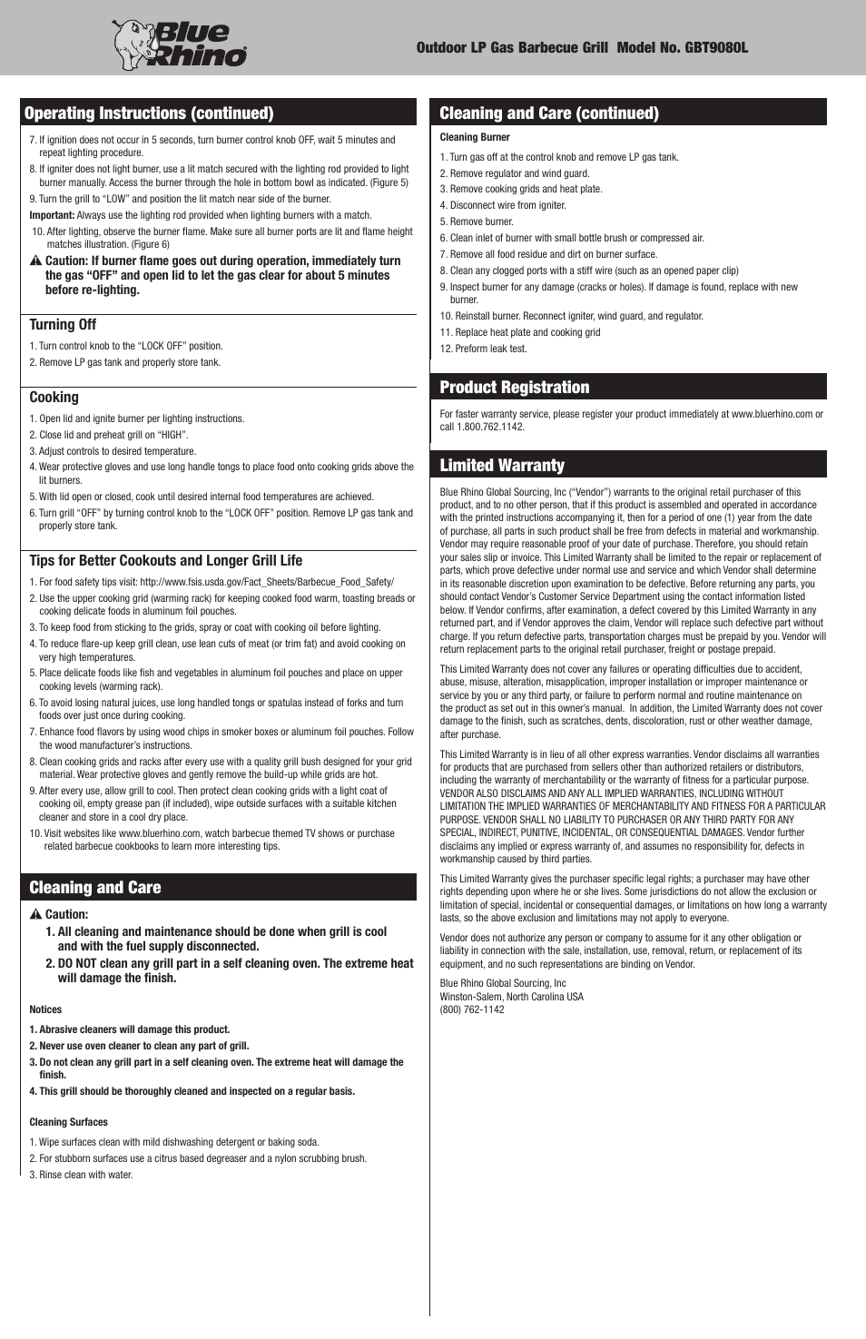 Cleaning and care, Operating instructions (continued), Product registration | Limited warranty, Cleaning and care (continued) | Blue Rhino GBT9080L User Manual | Page 8 / 28