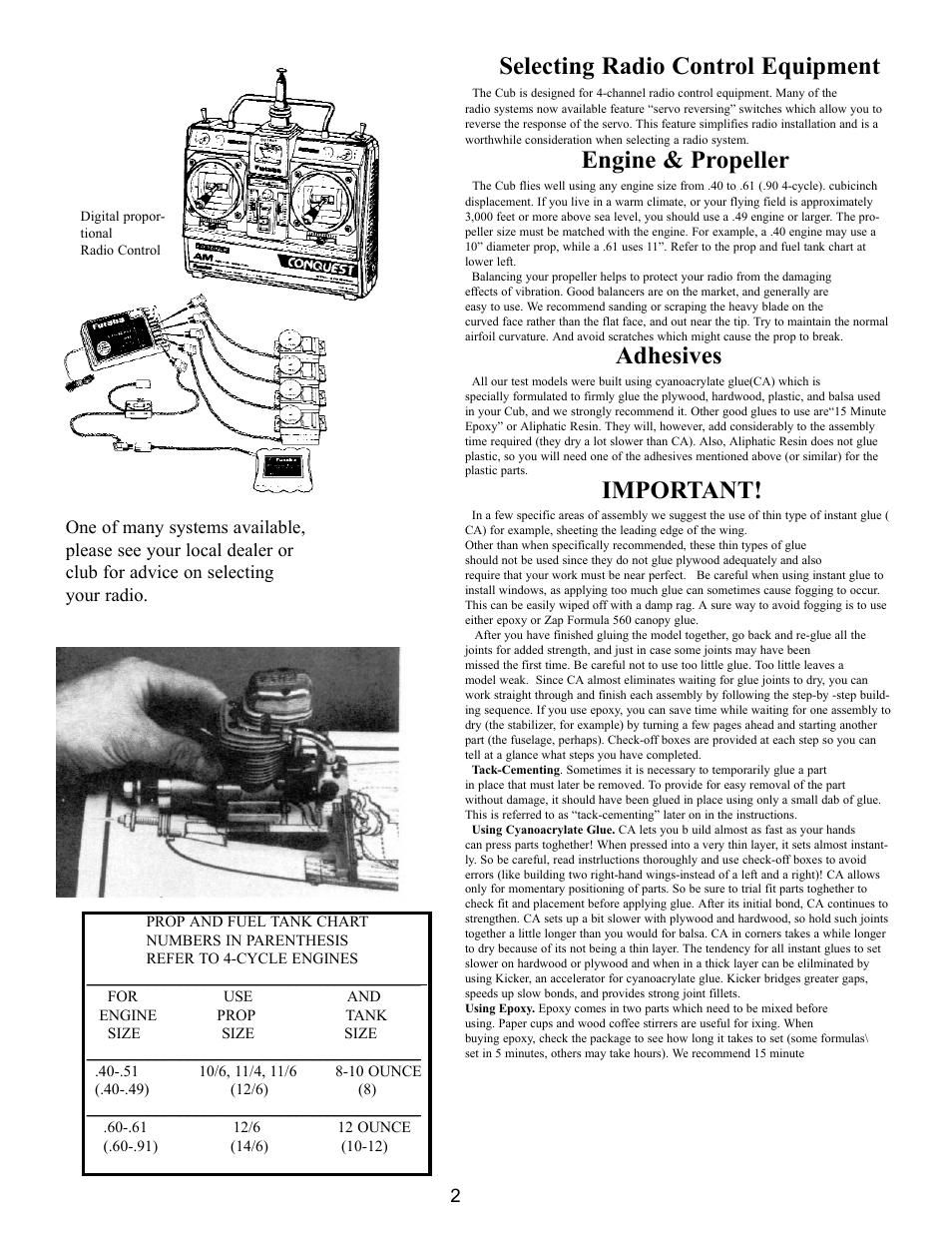 Selecting radio control equipment, Engine & propeller, Adhesives | Important | Carl Goldberg GPMA0963 Cub User Manual | Page 2 / 33