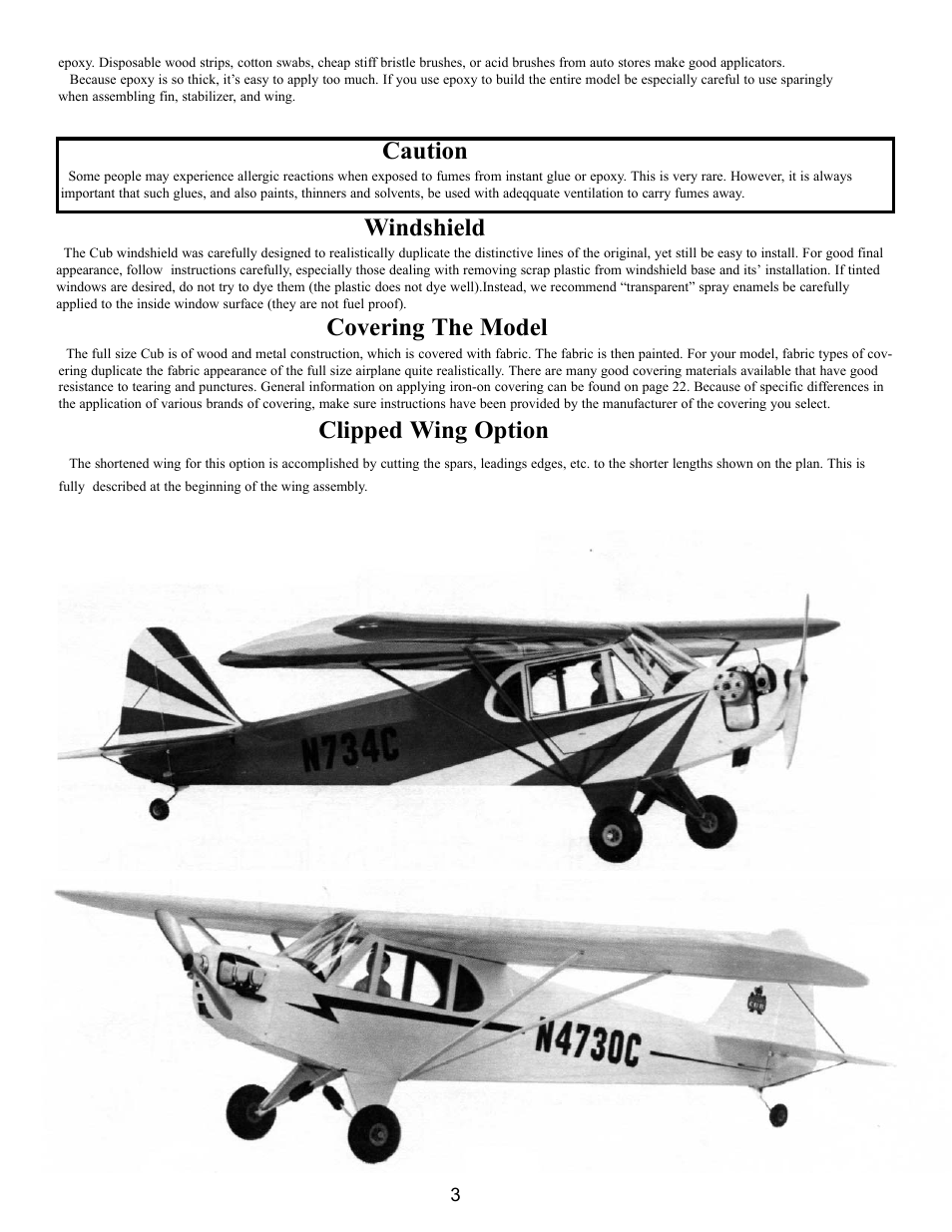 Caution, Windshield, Covering the model | Clipped wing option | Carl Goldberg GPMA0963 Cub User Manual | Page 3 / 33