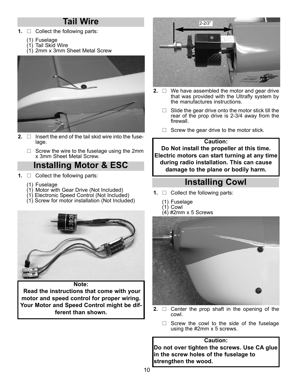 Tail wire, Installing motor & esc, Installing cowl | Carl Goldberg GBGA1023 User Manual | Page 10 / 12