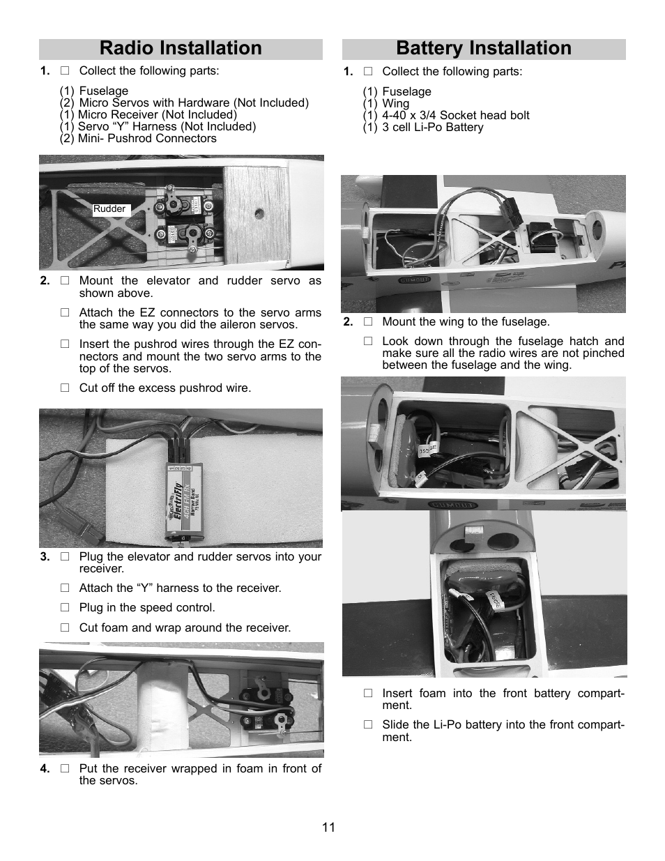 Radio installation, Battery installation | Carl Goldberg GBGA1023 User Manual | Page 11 / 12
