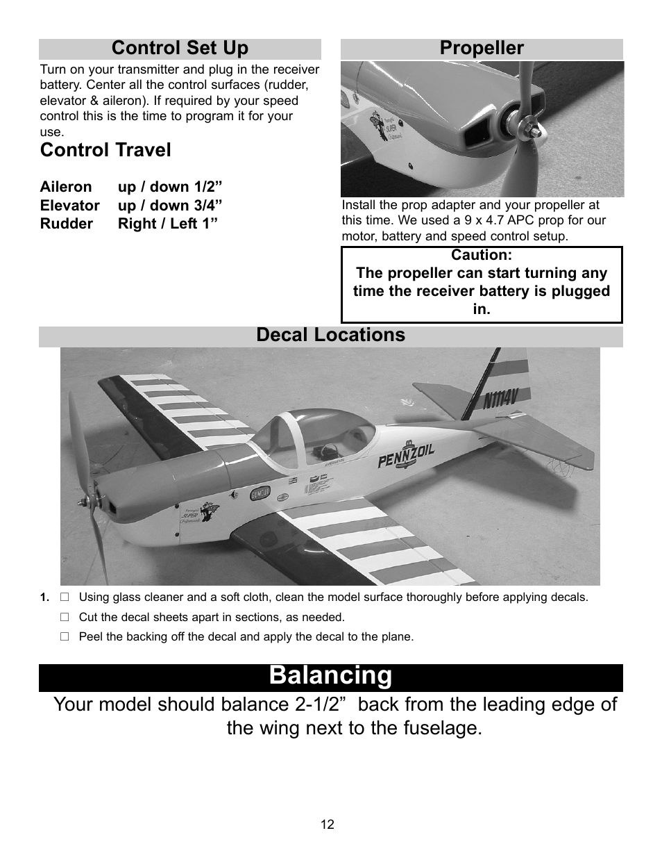 Balancing, Control travel, Propeller | Decal locations | Carl Goldberg GBGA1023 User Manual | Page 12 / 12