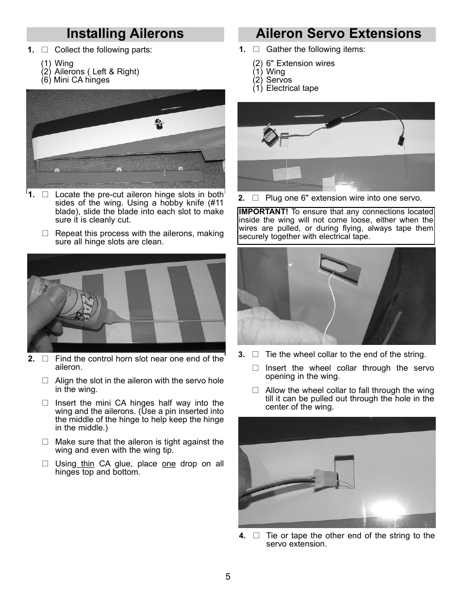 Installing ailerons, Aileron servo extensions | Carl Goldberg GBGA1023 User Manual | Page 5 / 12