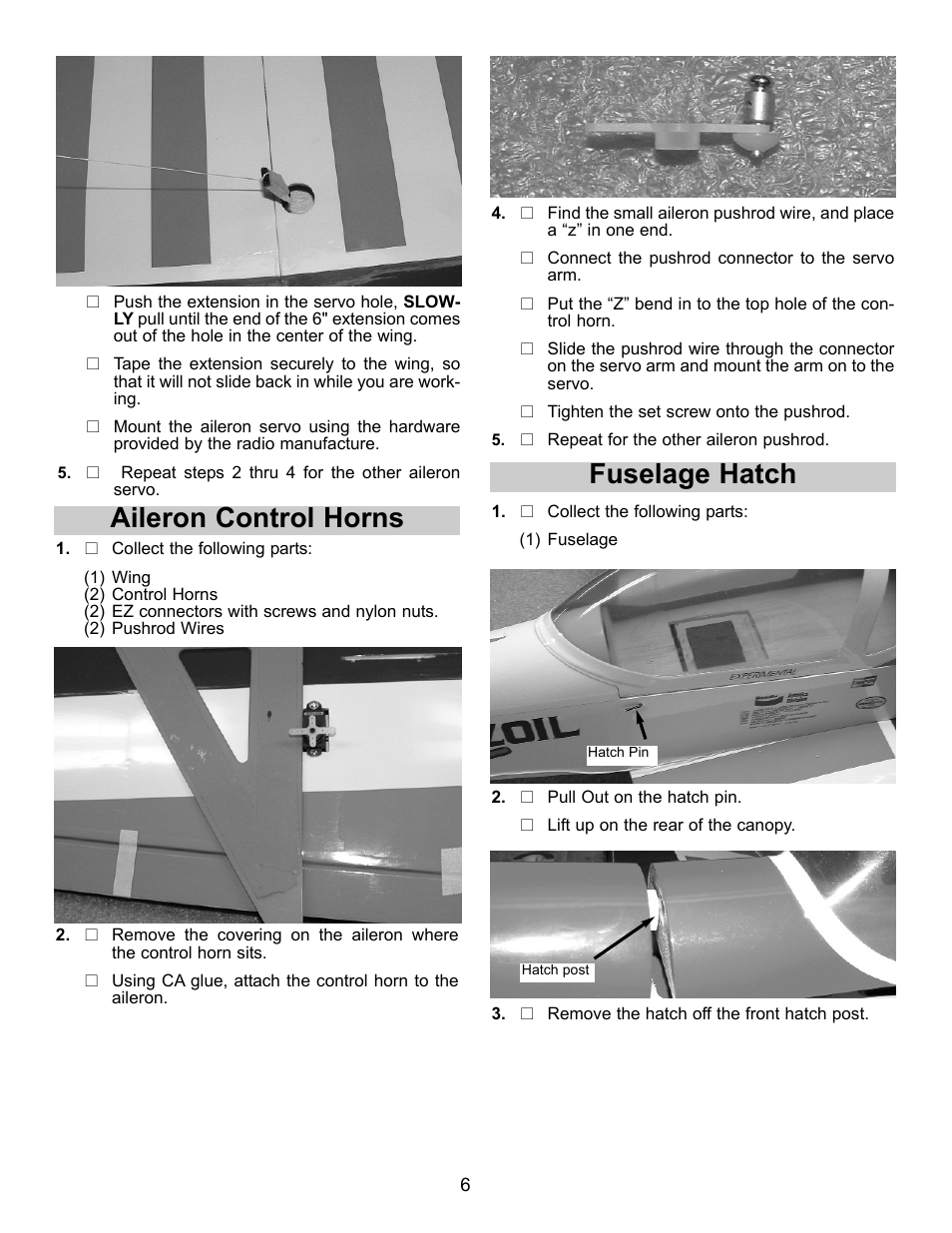Aileron control horns, Fuselage hatch | Carl Goldberg GBGA1023 User Manual | Page 6 / 12