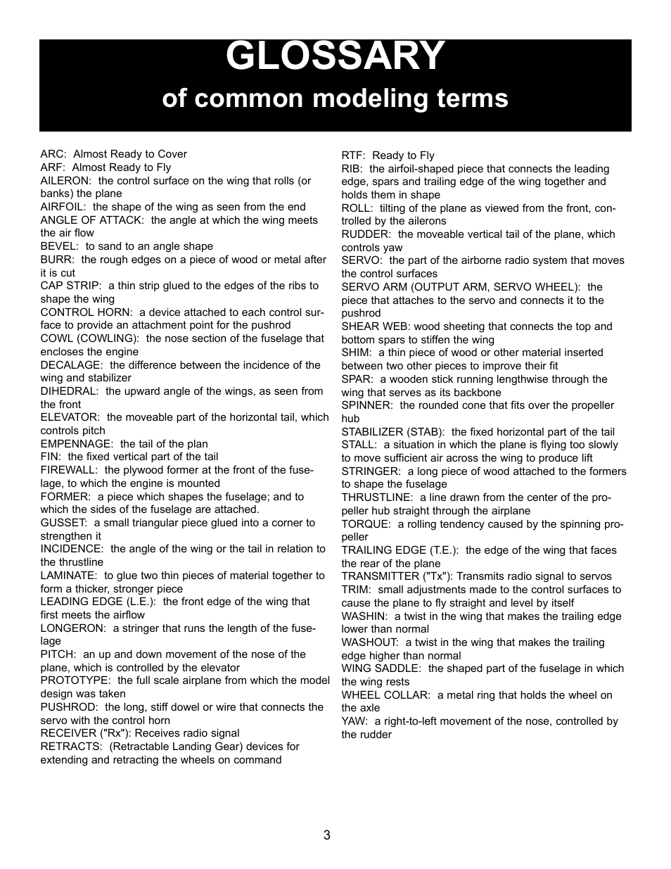 Glossary, Of common modeling terms | Carl Goldberg GPMA1956 Eagle 2 ARF User Manual | Page 3 / 40