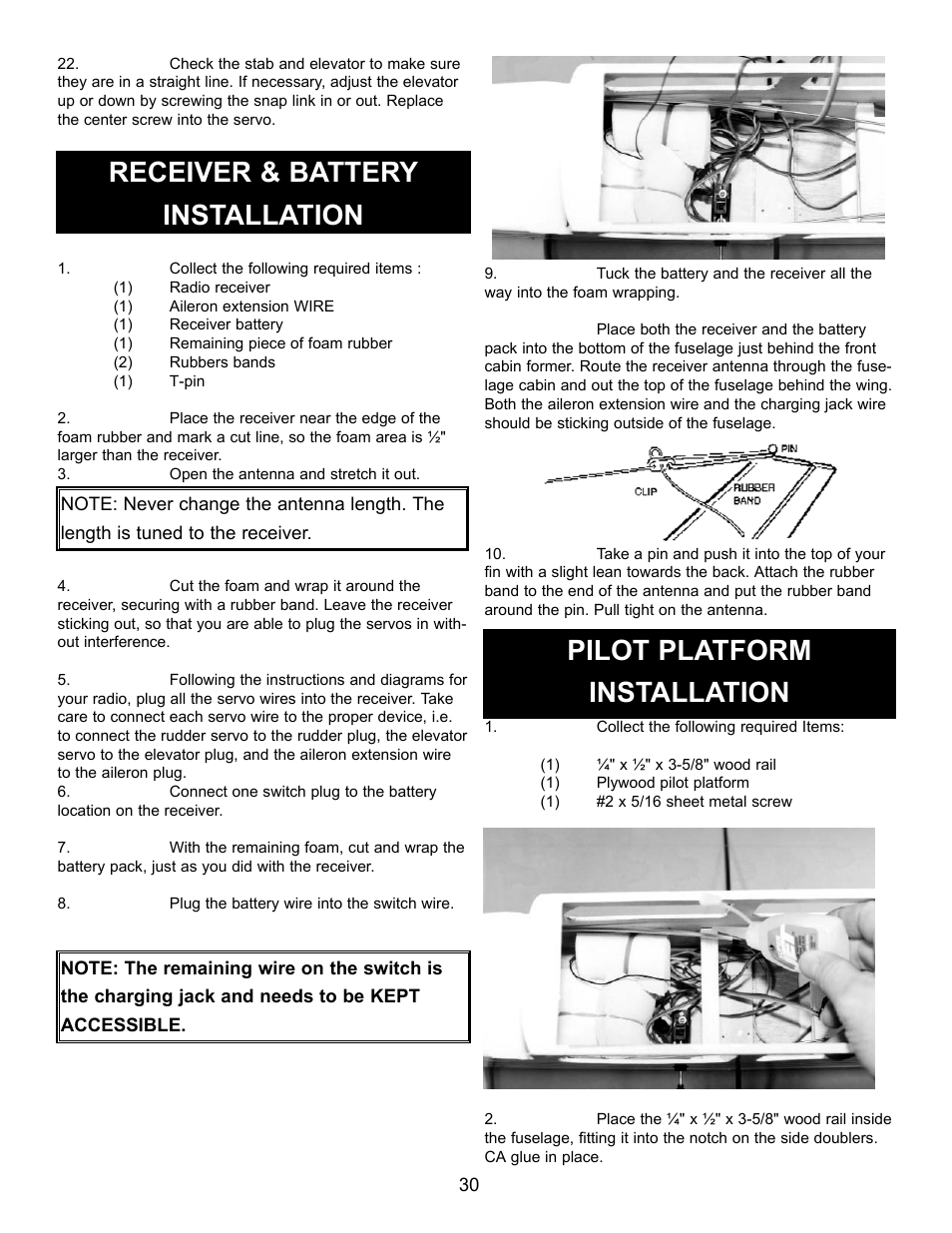 Receiver & battery installation, Pilot platform installation | Carl Goldberg GPMA1956 Eagle 2 ARF User Manual | Page 30 / 40