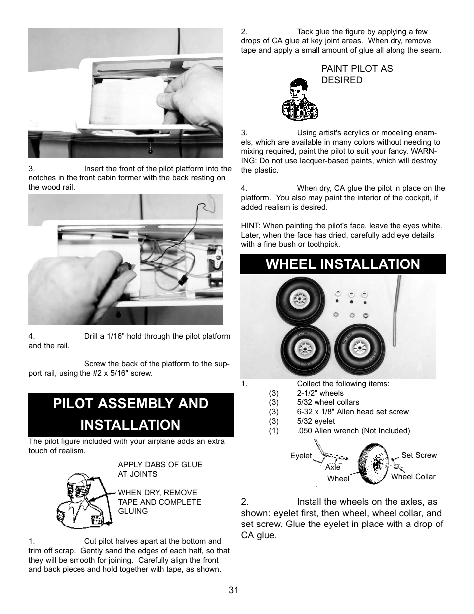 Pilot assembly and installation, Wheel installation | Carl Goldberg GPMA1956 Eagle 2 ARF User Manual | Page 31 / 40