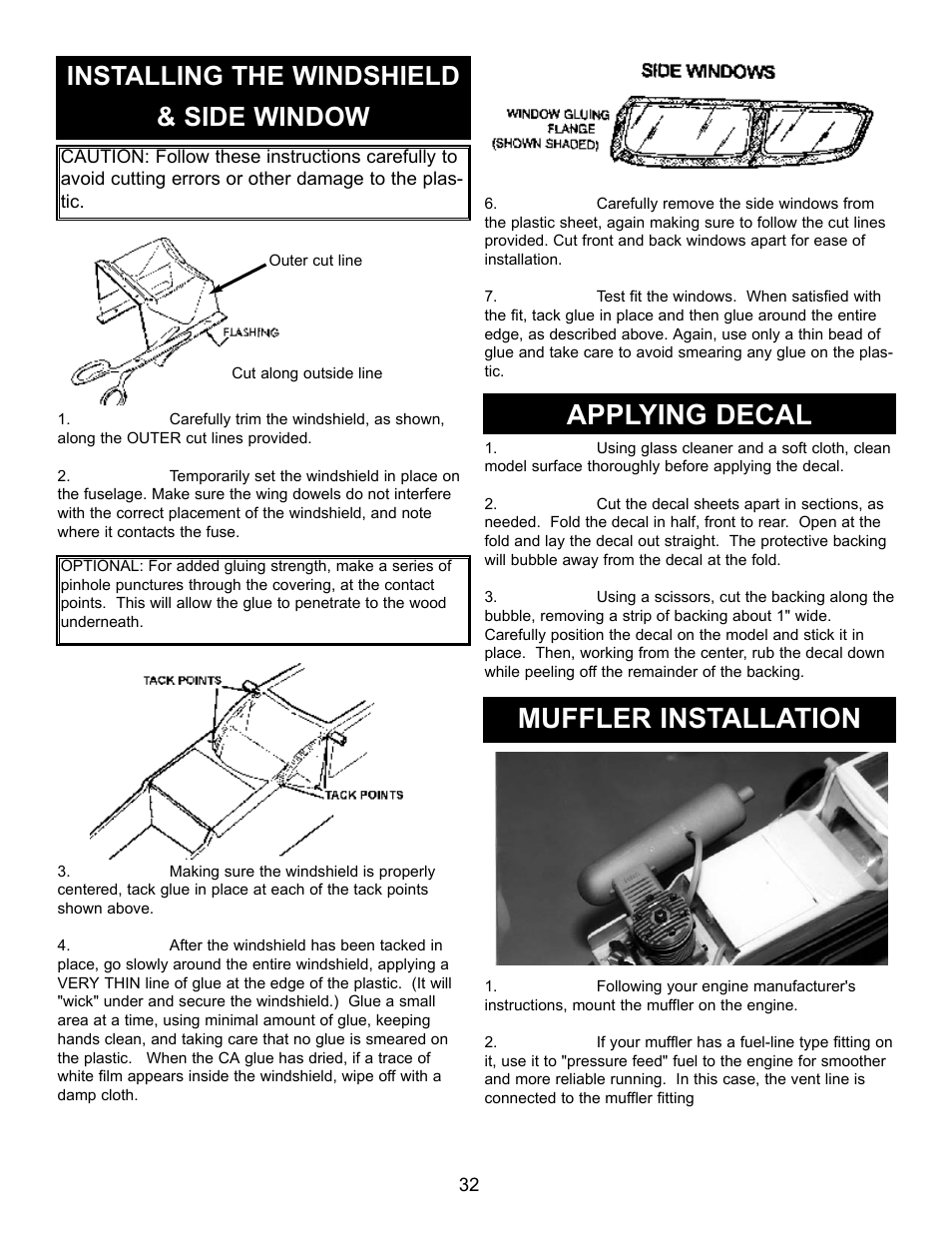 Applying decal, Muffler installation, Installing the windshield & side window | Carl Goldberg GPMA1956 Eagle 2 ARF User Manual | Page 32 / 40