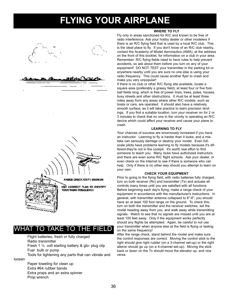 Flying your airplane, What to take to the field | Carl Goldberg GPMA1956 Eagle 2 ARF User Manual | Page 36 / 40