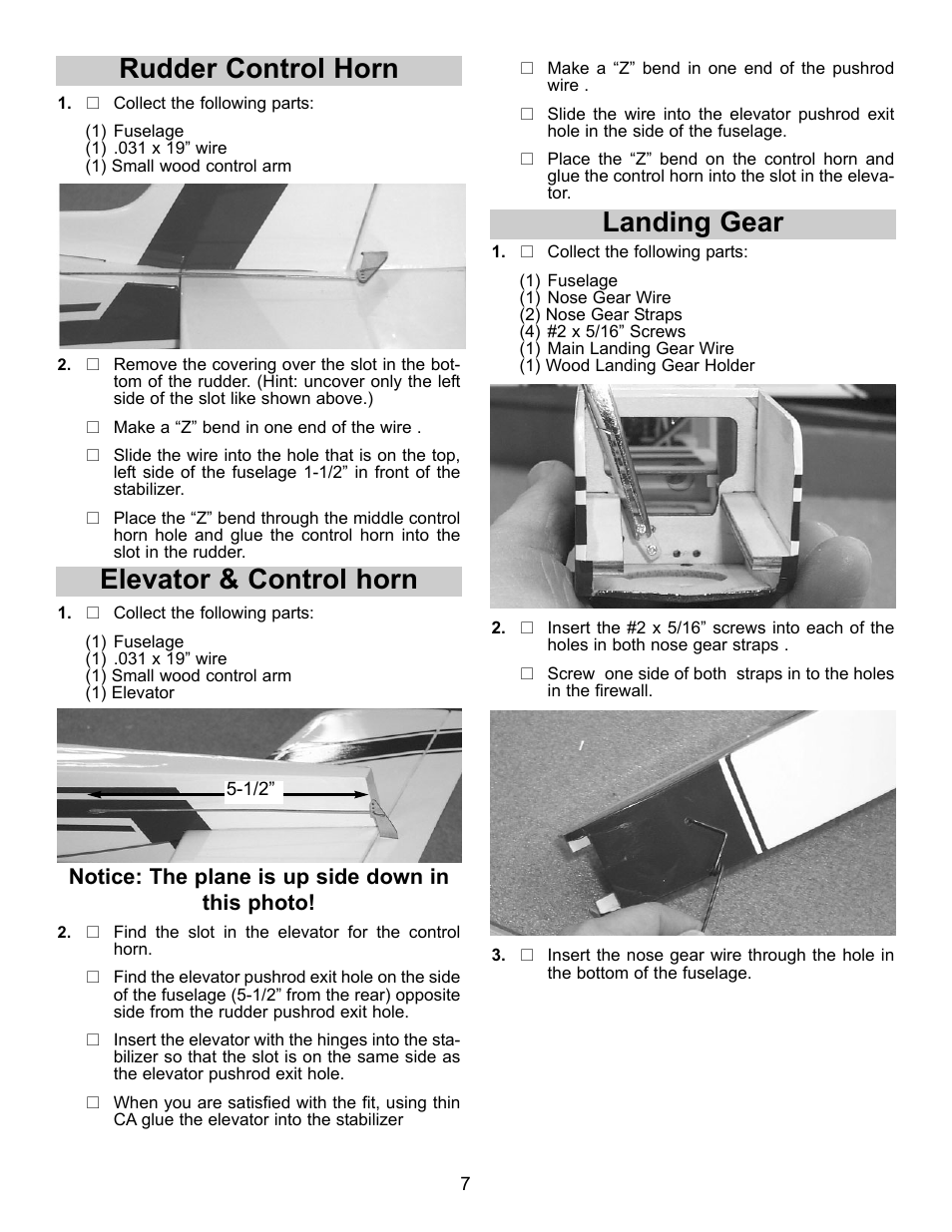 Rudder control horn, Elevator & control horn, Landing gear | Carl Goldberg GBGA1080 User Manual | Page 7 / 9