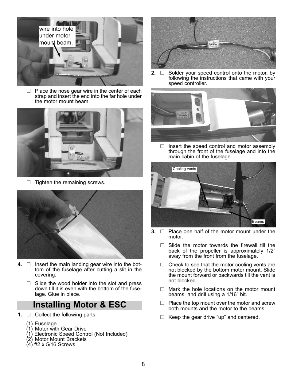 Installing motor & esc | Carl Goldberg GBGA1080 User Manual | Page 8 / 9