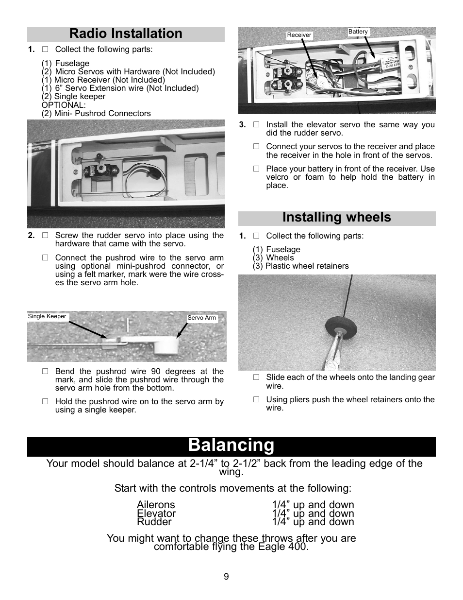 Balancing, Radio installation, Installing wheels | Carl Goldberg GBGA1080 User Manual | Page 9 / 9