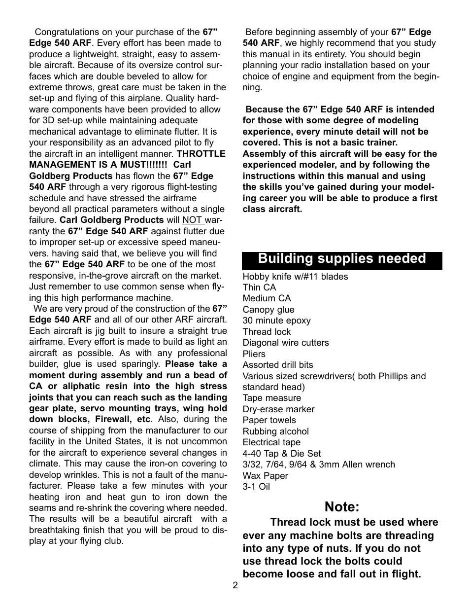 Building supplies needed | Carl Goldberg GBGA1046 User Manual | Page 2 / 21