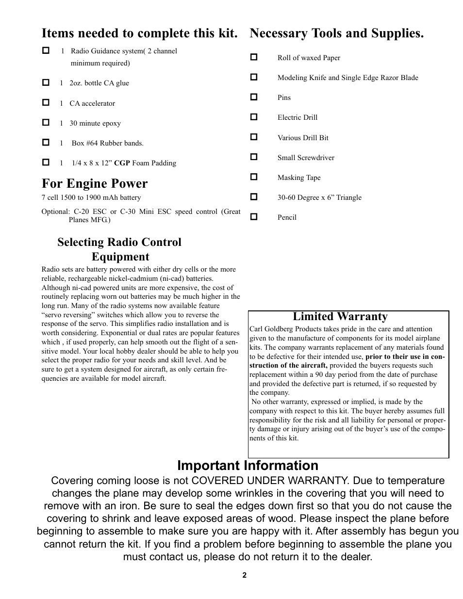 Items needed to complete this kit, For engine power, Necessary tools and supplies | Important information, Selecting radio control equipment, Limited warranty | Carl Goldberg GBGA1040 User Manual | Page 2 / 16