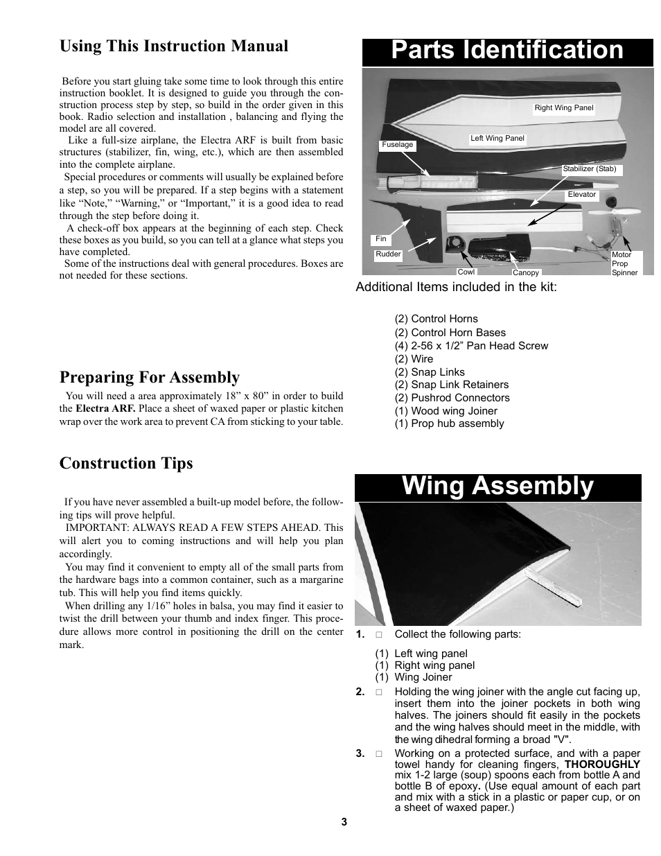 Parts identification, Wing assembly, Using this instruction manual | Preparing for assembly, Construction tips | Carl Goldberg GBGA1040 User Manual | Page 3 / 16
