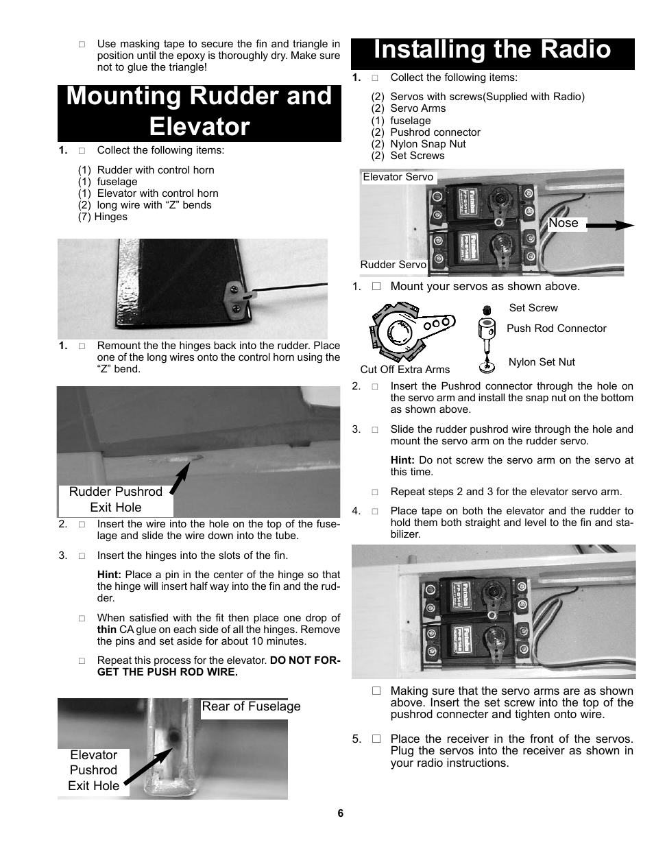 Mounting rudder and elevator, Installing the radio | Carl Goldberg GBGA1040 User Manual | Page 6 / 16