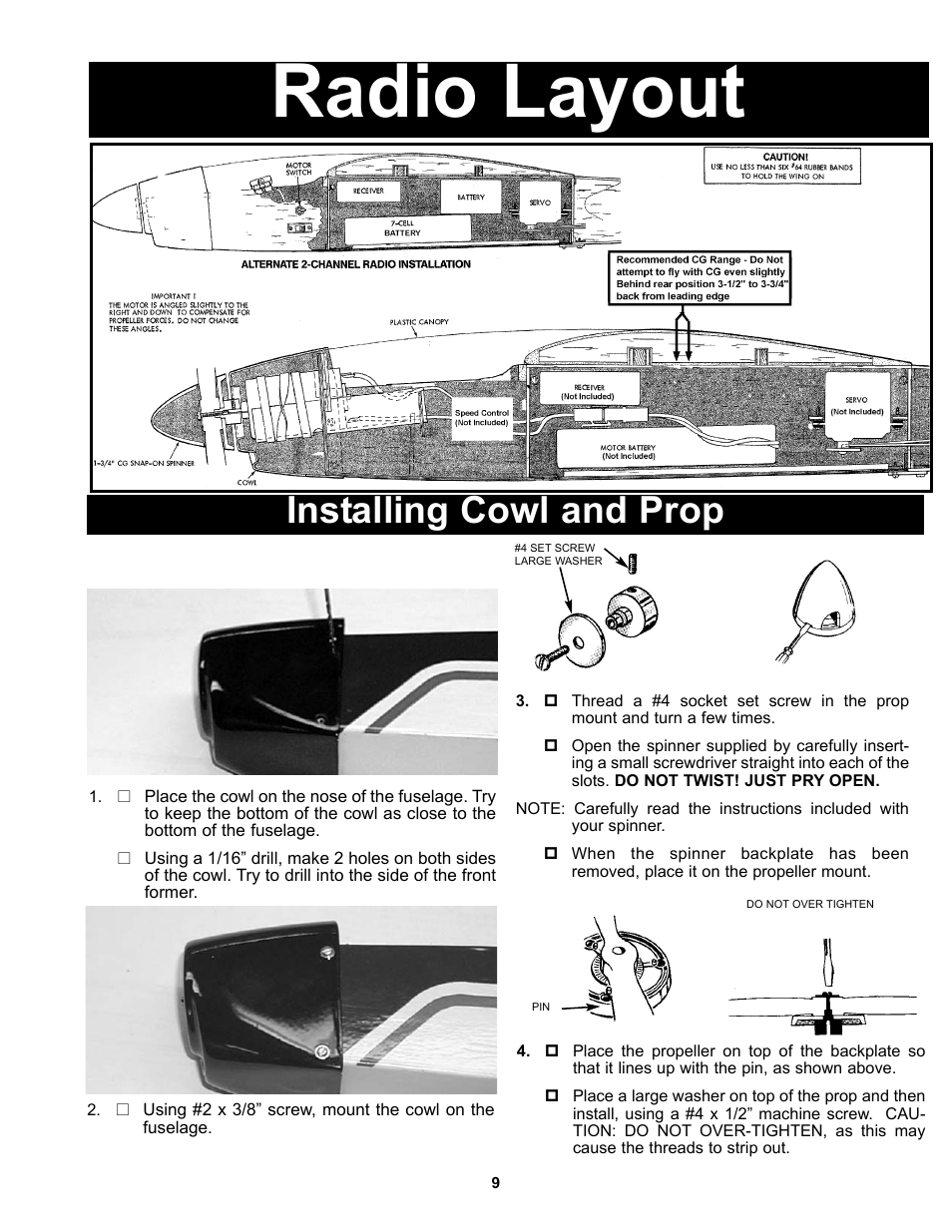 Radio layout, Installing cowl and prop | Carl Goldberg GBGA1040 User Manual | Page 9 / 16