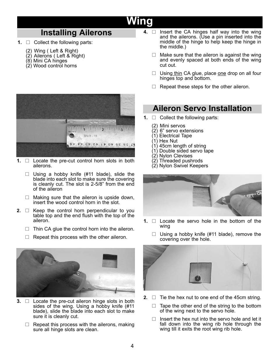 Wing, Installing ailerons, Aileron servo installation | Carl Goldberg GBGA1082 User Manual | Page 4 / 10