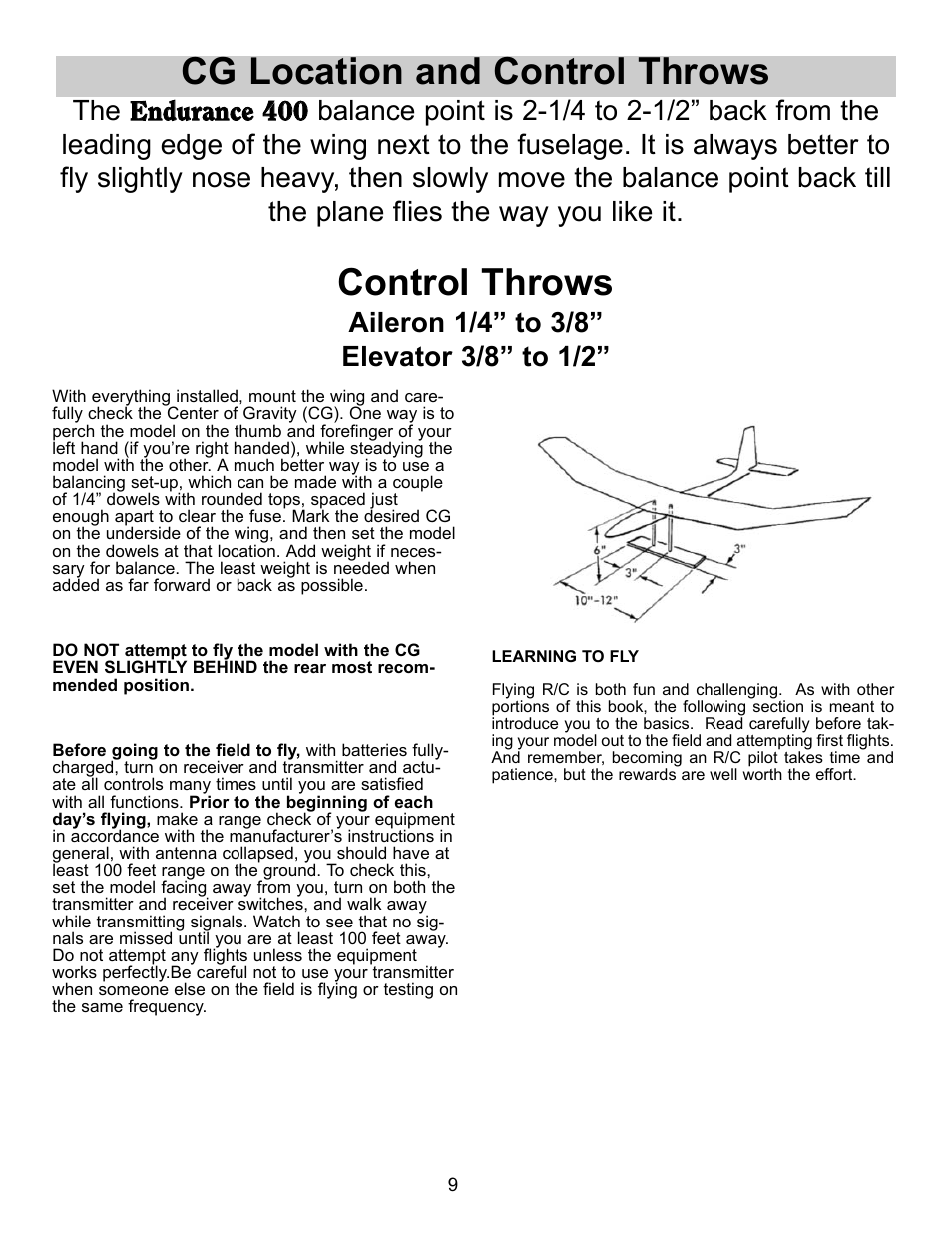 Cg location and control throws, Control throws | Carl Goldberg GBGA1082 User Manual | Page 9 / 10
