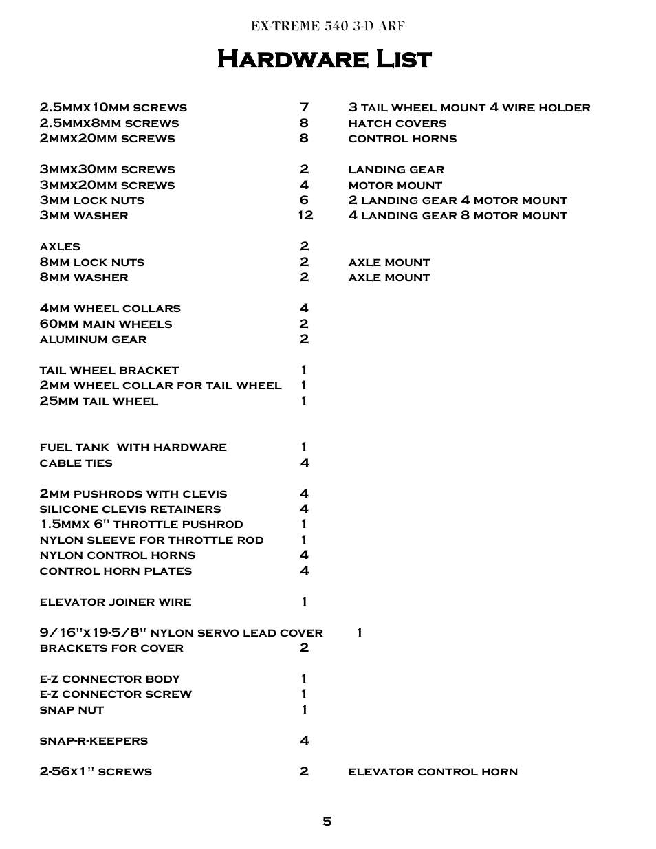 Hardware list | Carl Goldberg GBGA1078 User Manual | Page 5 / 23