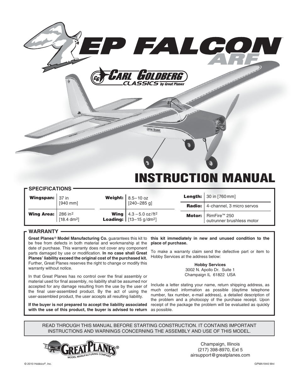 Carl Goldberg GPMA1940 EP Falcon ARF User Manual | 16 pages