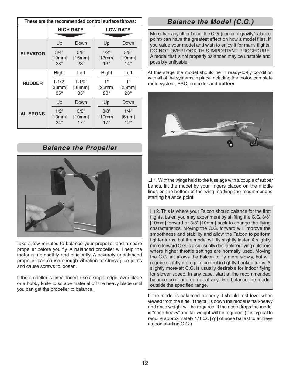 Balance the propeller, Balance the model (c.g.) | Carl Goldberg GPMA1940 EP Falcon ARF User Manual | Page 12 / 16