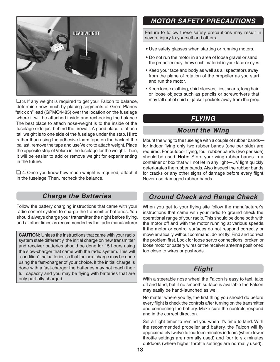 Charge the batteries, Motor safety precautions, Flying mount the wing | Ground check and range check, Flight | Carl Goldberg GPMA1940 EP Falcon ARF User Manual | Page 13 / 16