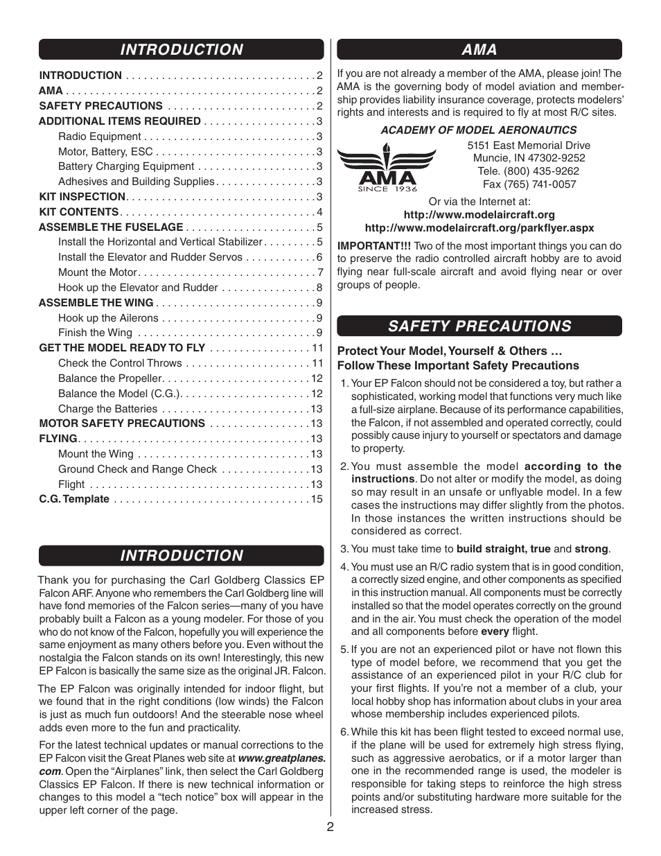 Introduction, Safety precautions | Carl Goldberg GPMA1940 EP Falcon ARF User Manual | Page 2 / 16
