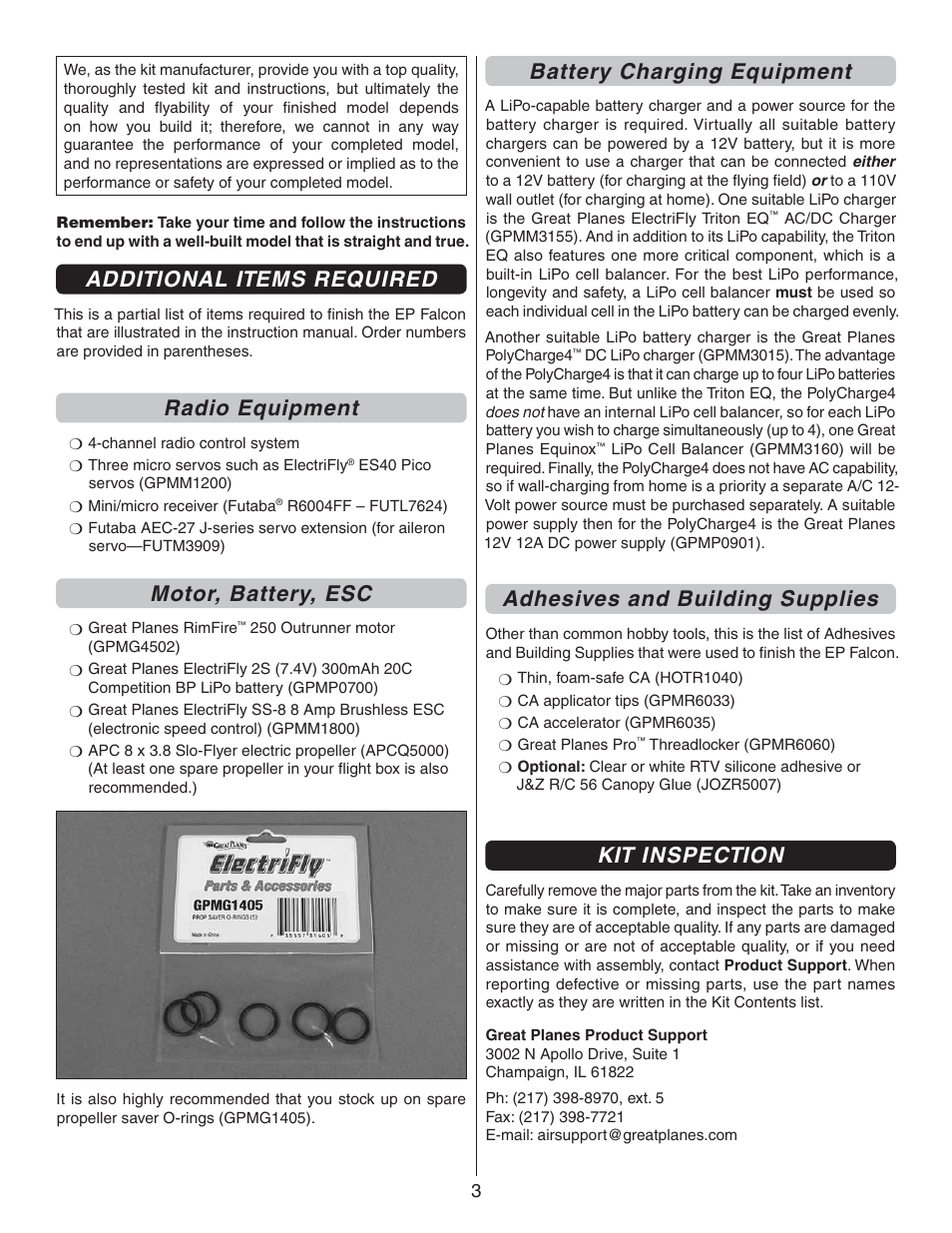 Additional items required, Radio equipment, Motor, battery, esc | Battery charging equipment, Adhesives and building supplies, Kit inspection | Carl Goldberg GPMA1940 EP Falcon ARF User Manual | Page 3 / 16