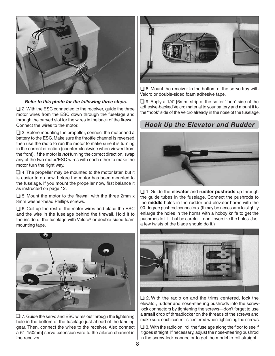 Hook up the elevator and rudder | Carl Goldberg GPMA1940 EP Falcon ARF User Manual | Page 8 / 16