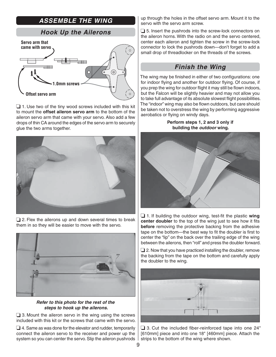 Assemble the wing hook up the ailerons, Finish the wing | Carl Goldberg GPMA1940 EP Falcon ARF User Manual | Page 9 / 16