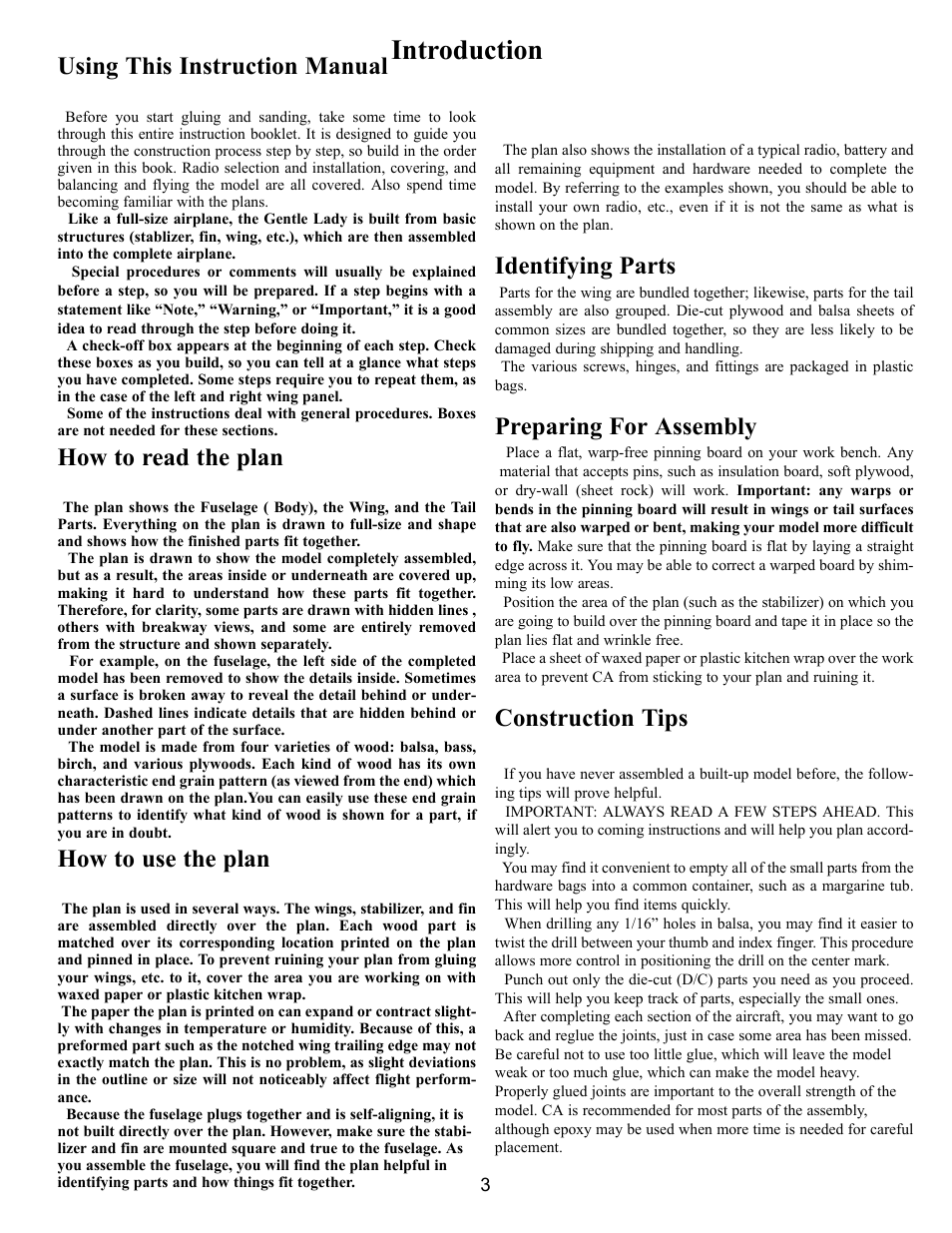 Introduction, Using this instruction manual, How to read the plan | How to use the plan, Identifying parts, Preparing for assembly, Construction tips | Carl Goldberg GPMA0960 Gentle Lady User Manual | Page 3 / 21