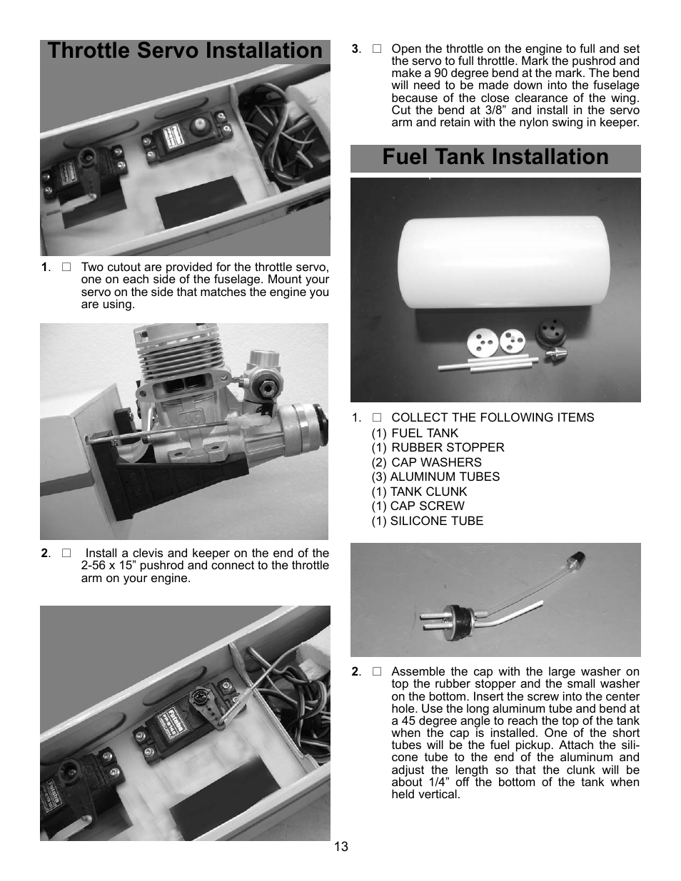 Throttle servo installation, Fuel tank installation | Carl Goldberg GBGA1091 User Manual | Page 13 / 15