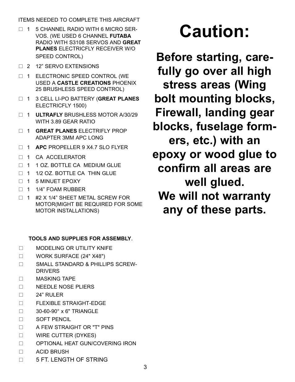 Caution | Carl Goldberg GBGA1042 User Manual | Page 3 / 9