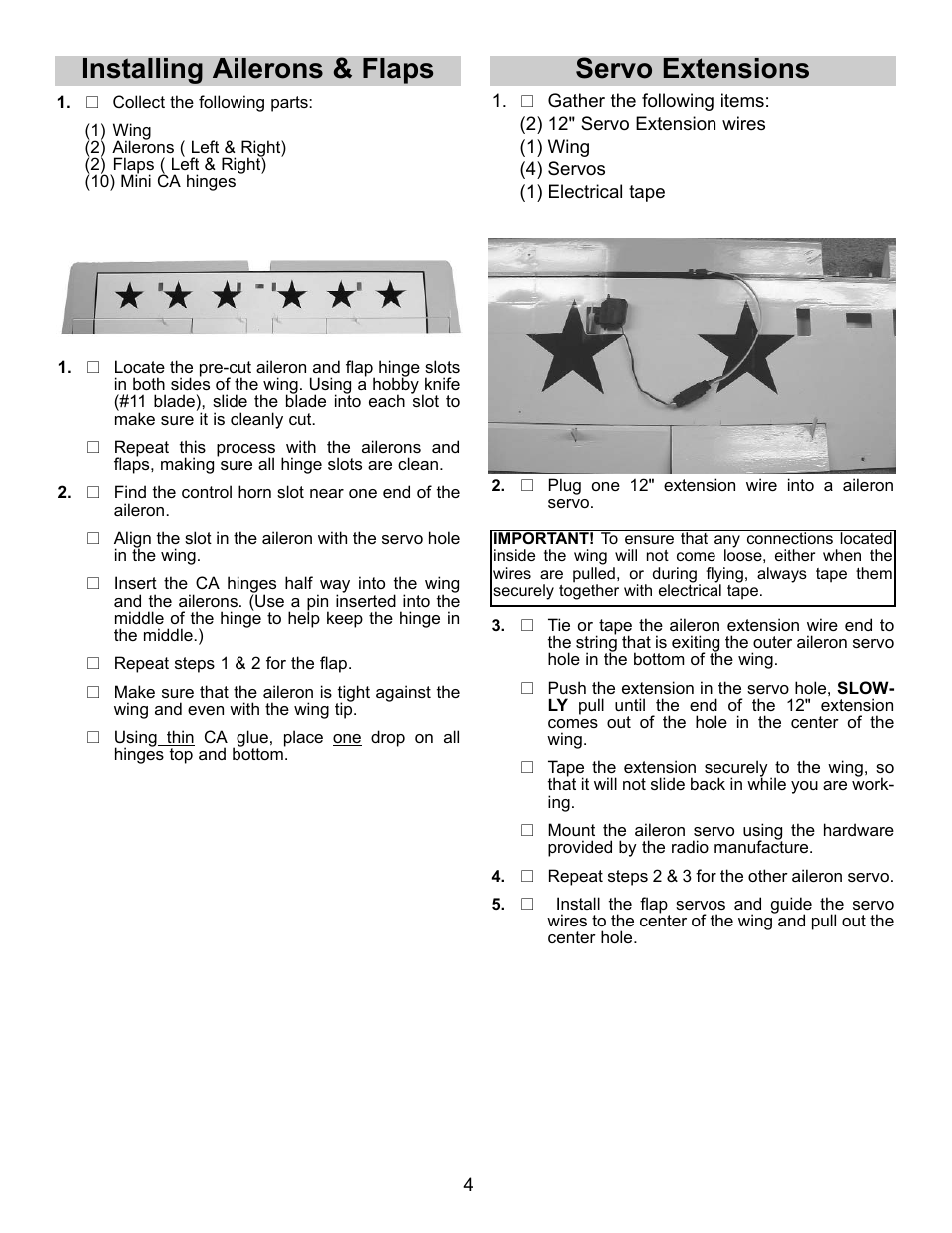 Installing ailerons & flaps, Servo extensions | Carl Goldberg GBGA1042 User Manual | Page 4 / 9