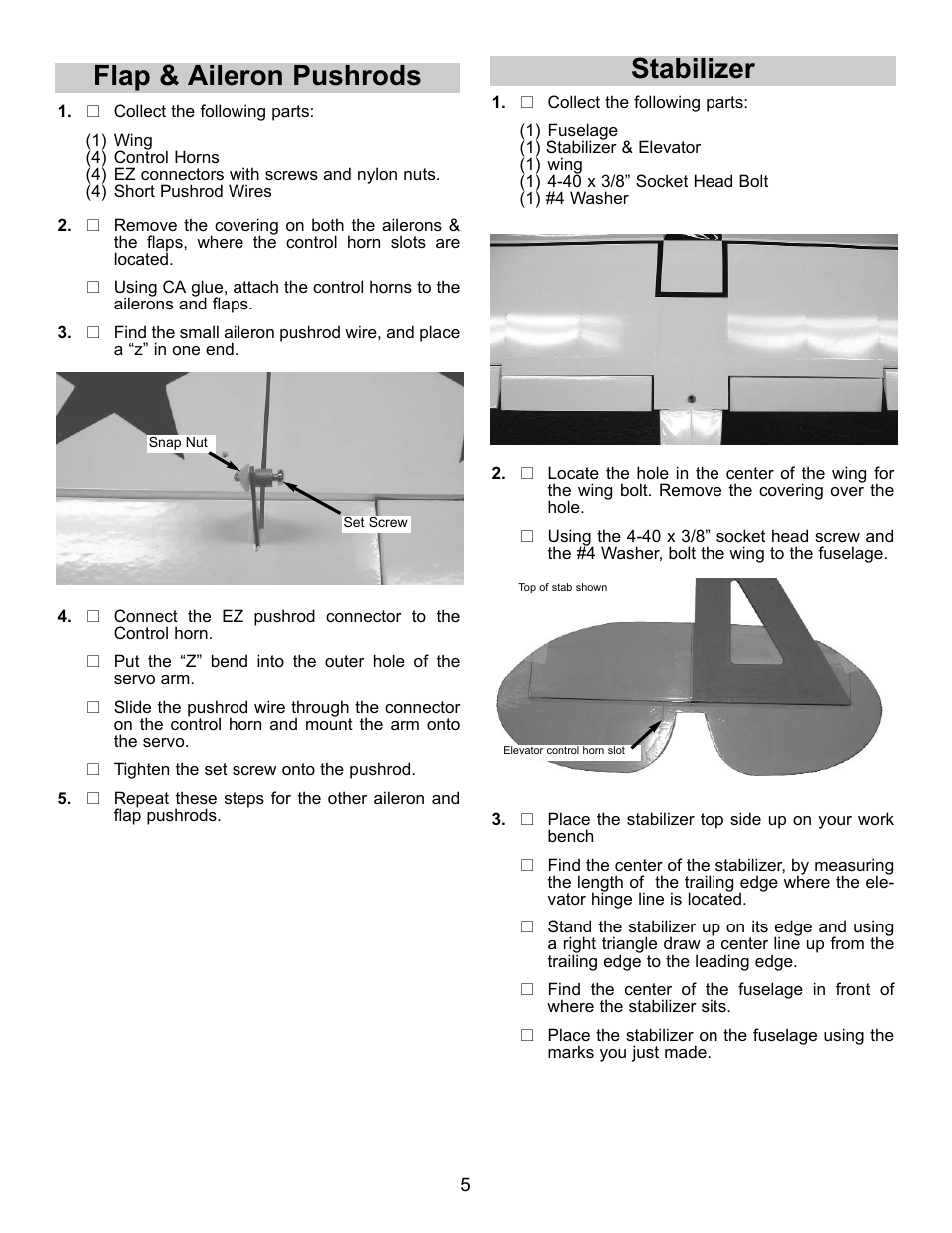 Flap & aileron pushrods, Stabilizer | Carl Goldberg GBGA1042 User Manual | Page 5 / 9