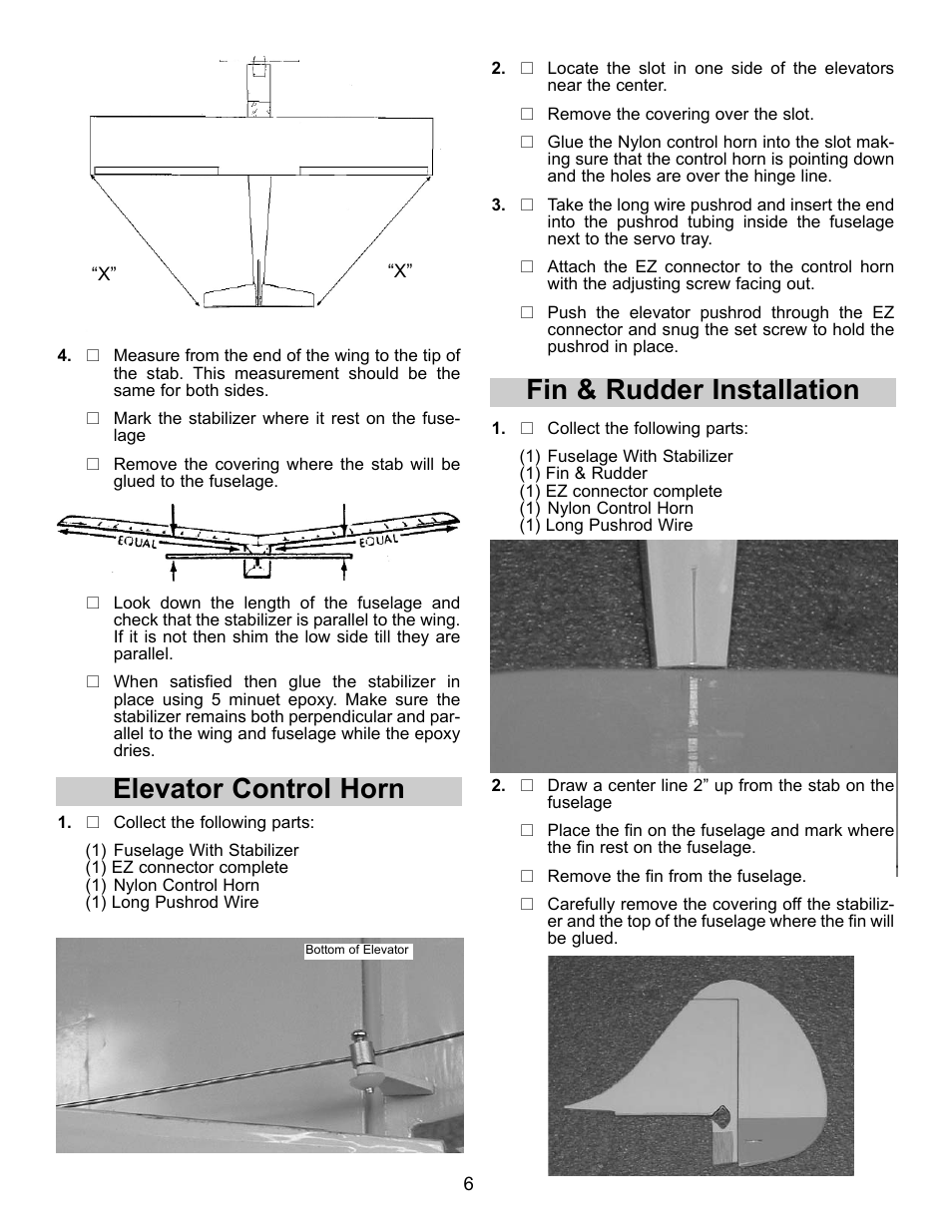 Elevator control horn, Fin & rudder installation | Carl Goldberg GBGA1042 User Manual | Page 6 / 9