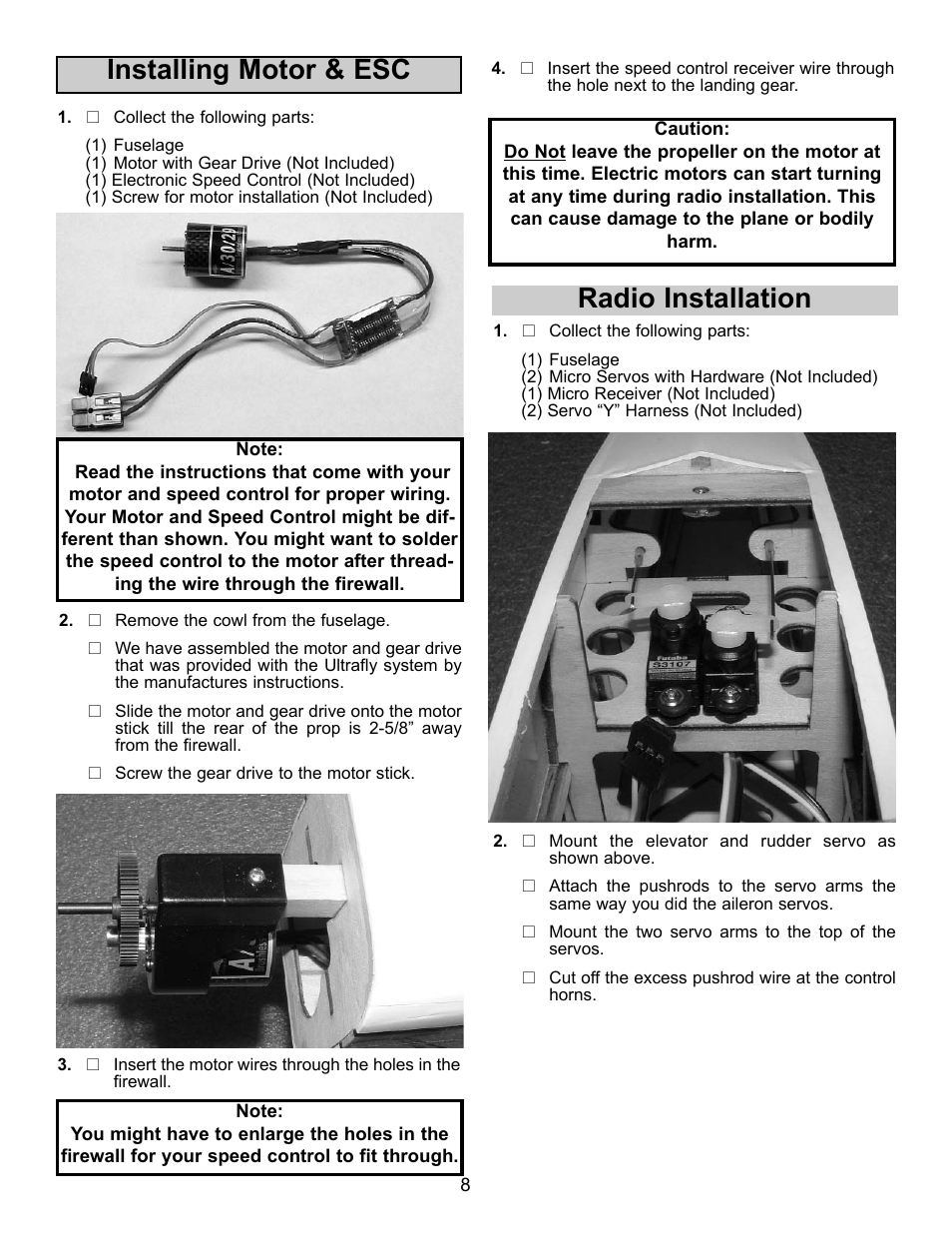 Installing motor & esc, Radio installation | Carl Goldberg GBGA1042 User Manual | Page 8 / 9