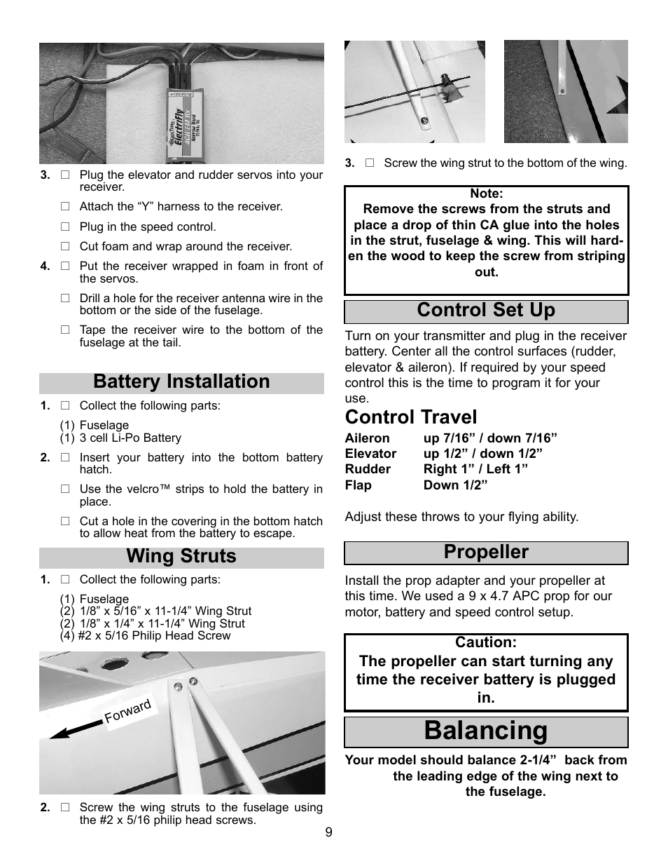 Balancing, Battery installation control set up, Control travel | Propeller, Wing struts | Carl Goldberg GBGA1042 User Manual | Page 9 / 9