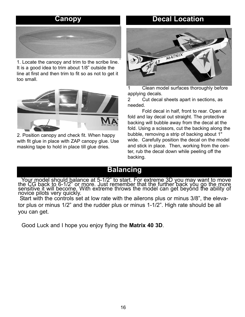 Canopy, Decal location, Balancing | Carl Goldberg GBGA1075 User Manual | Page 16 / 18