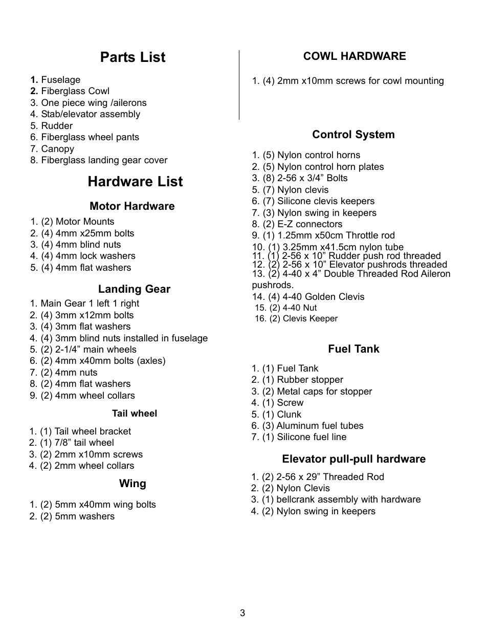 Parts list, Hardware list | Carl Goldberg GBGA1075 User Manual | Page 3 / 18