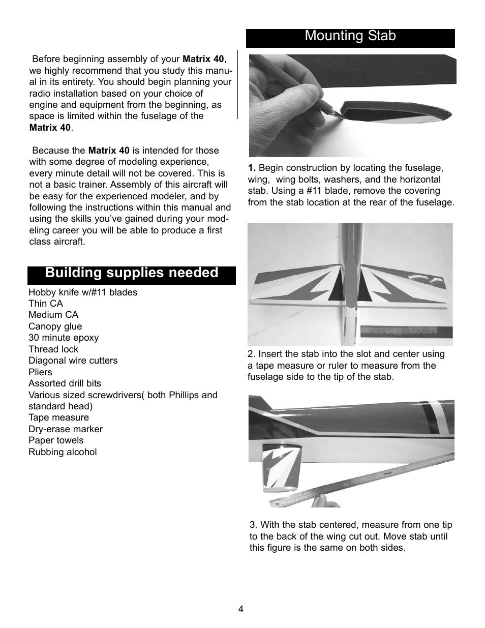 Building supplies needed, Mounting stab | Carl Goldberg GBGA1075 User Manual | Page 4 / 18