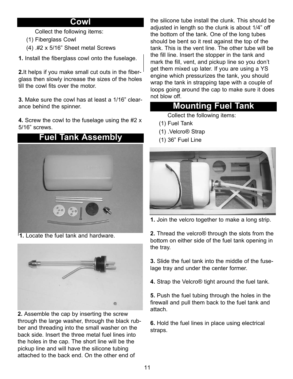 Cowl, Fuel tank assembly, Mounting fuel tank | Carl Goldberg GBGA1090 User Manual | Page 11 / 16