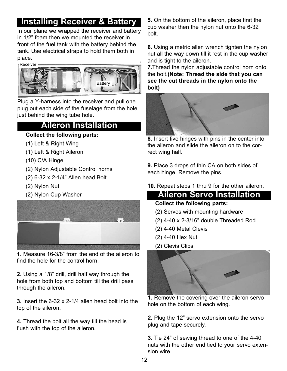 Installing receiver & battery, Aileron installation, Aileron servo installation | Carl Goldberg GBGA1090 User Manual | Page 12 / 16